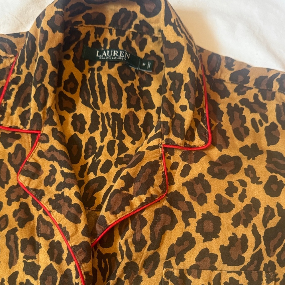 Lauren Ralph Lauren Brown Leopard cotton Pajama Top with Red Piping